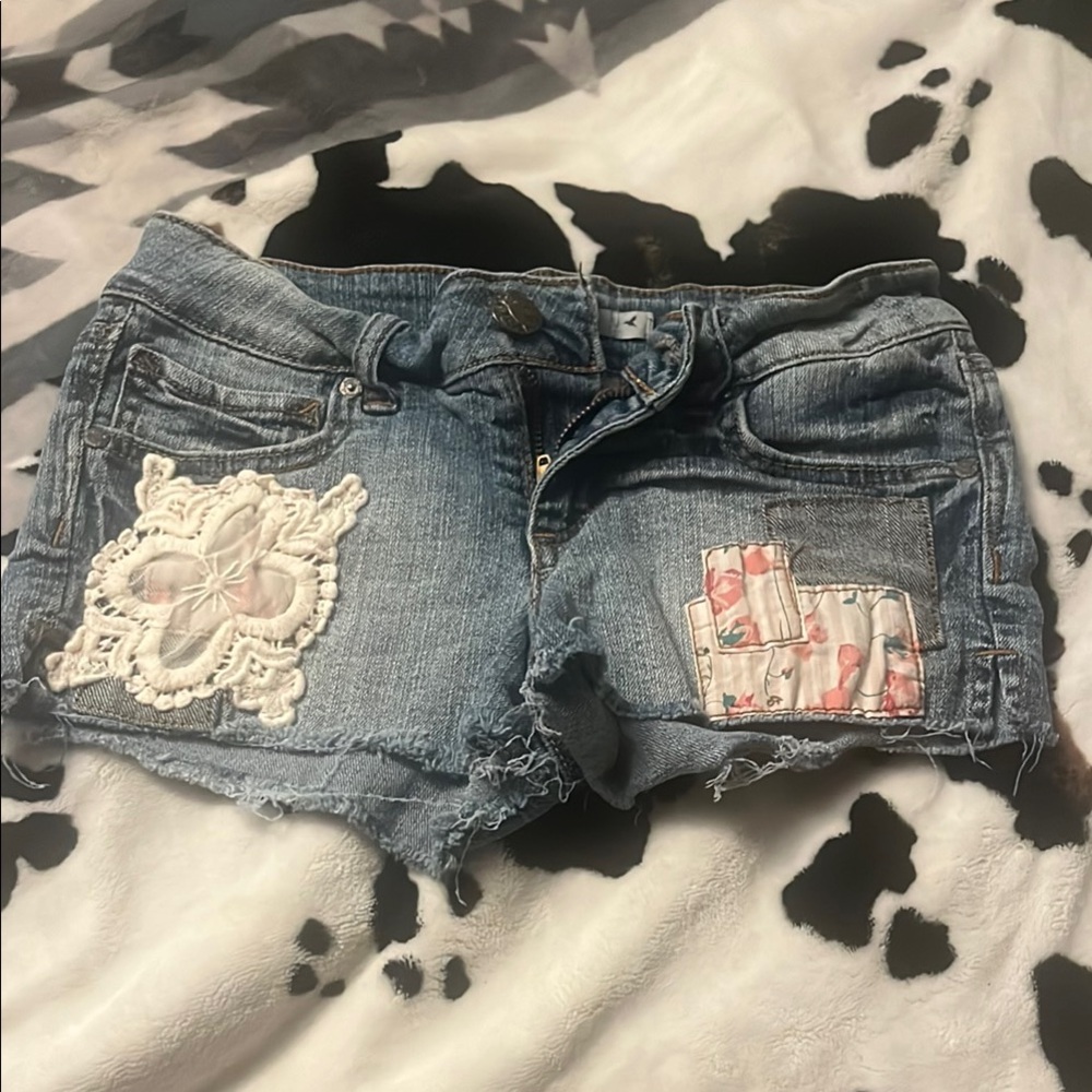 Grane Blue and White Jean Shorts Distressed Patchwork